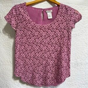 Talula Aritzia Pink Lace Betsy Short Sleeve Lined Blouse, Size- X-Small